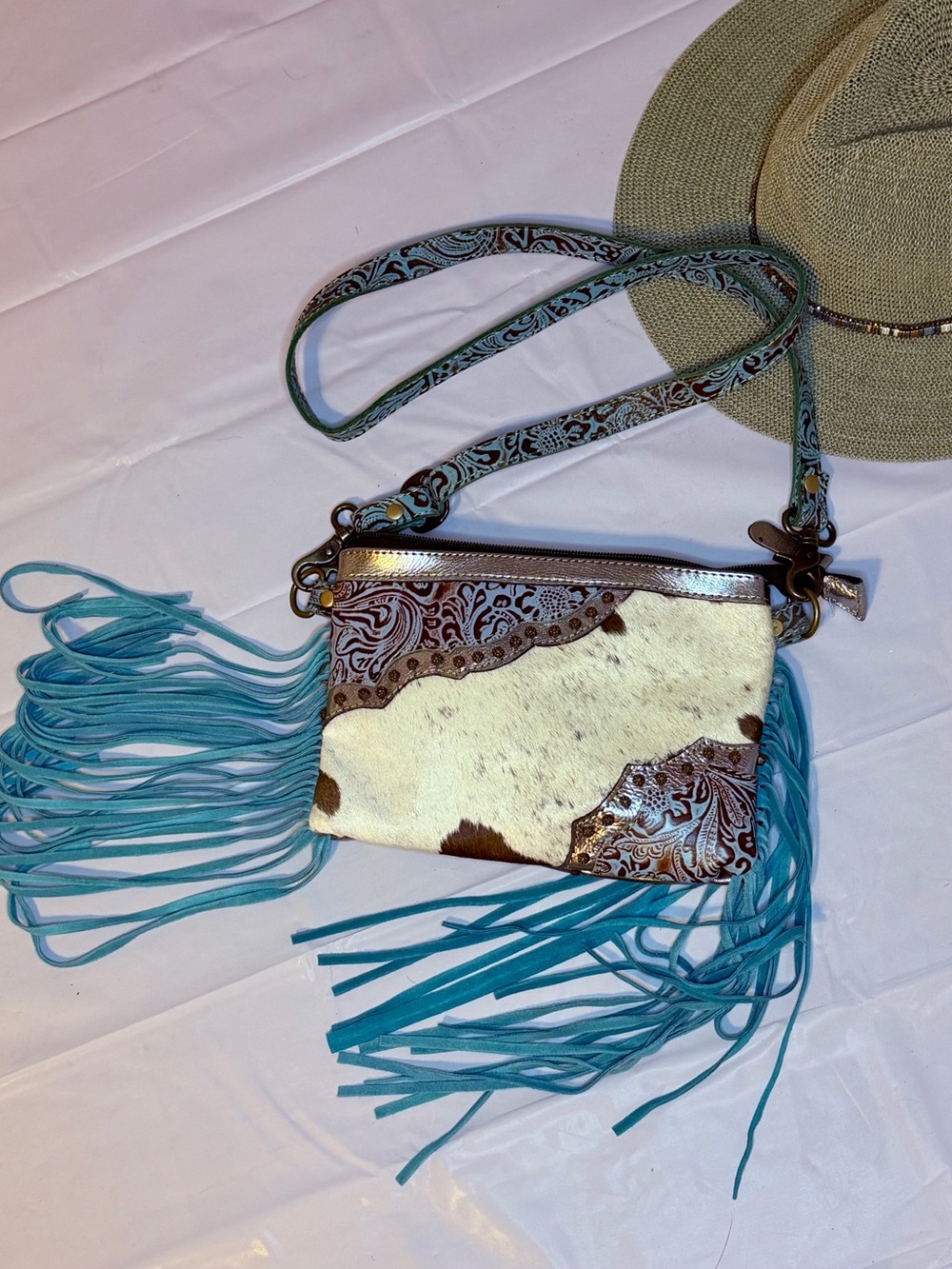 Myra Bag Turquoise Fringe Cowhide Crossbody with Tooled Leather Accents